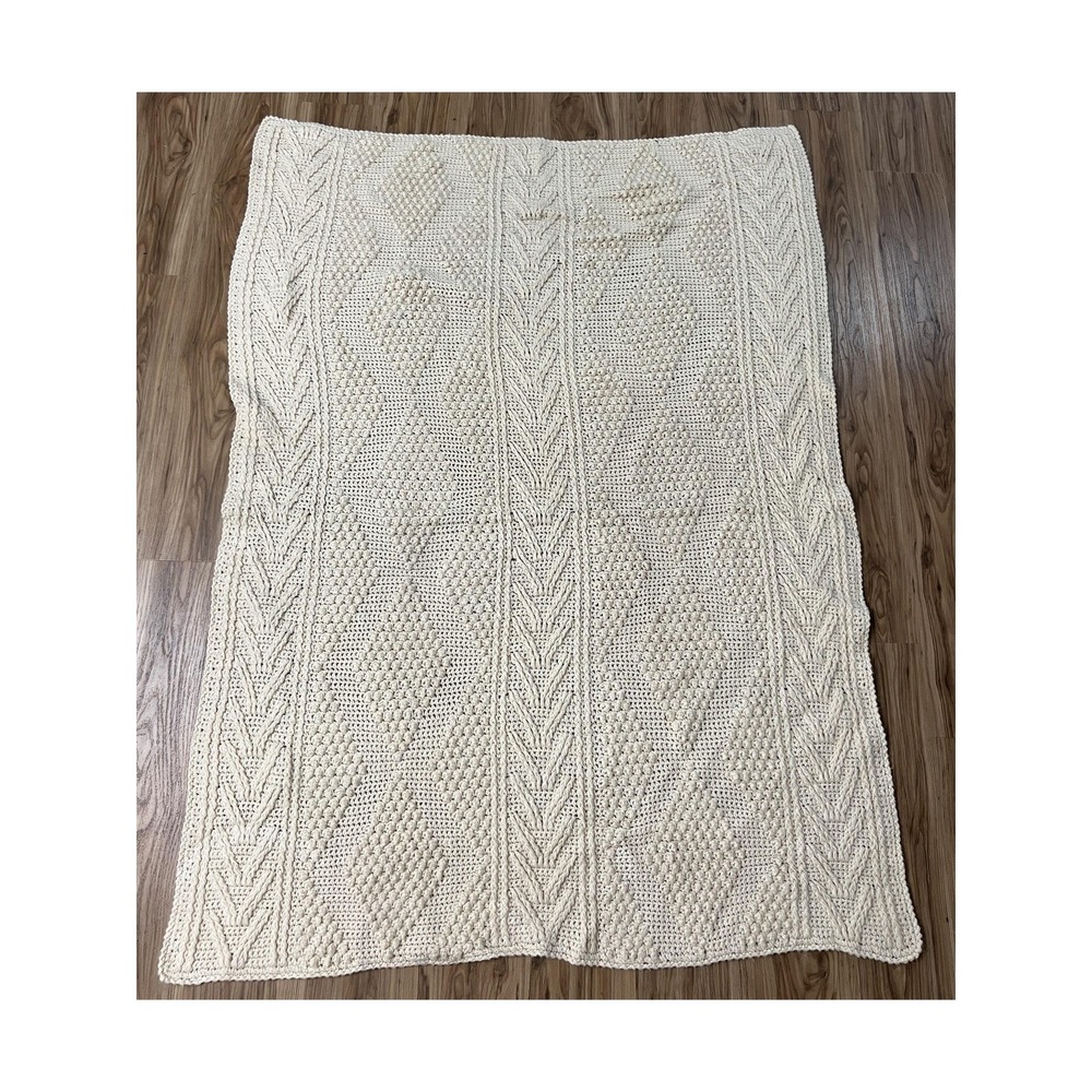 VTG Craft Collection Wool Blend Blanket Handmade Ivory Cable Knit Popcorn Bobble
